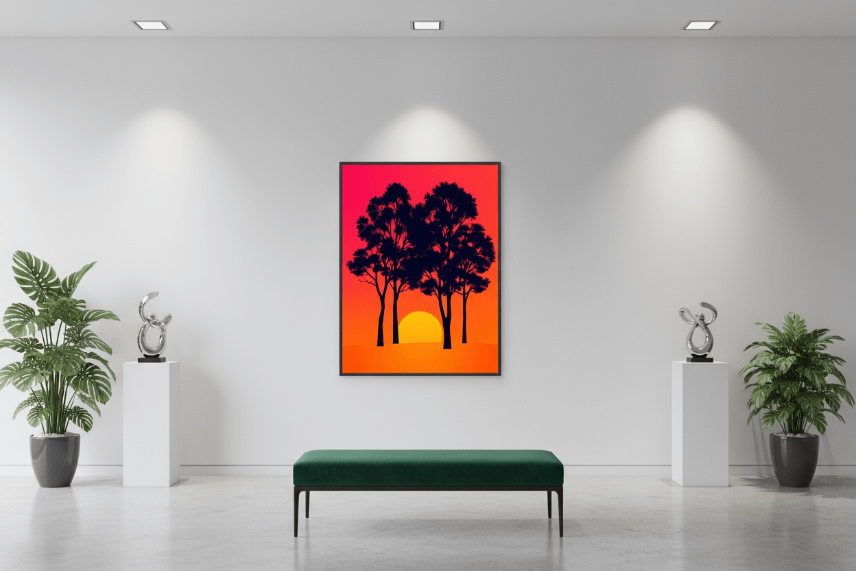 Framed tree silhouette wall art with red-orange sky and yellow sun, dark rectangular frame