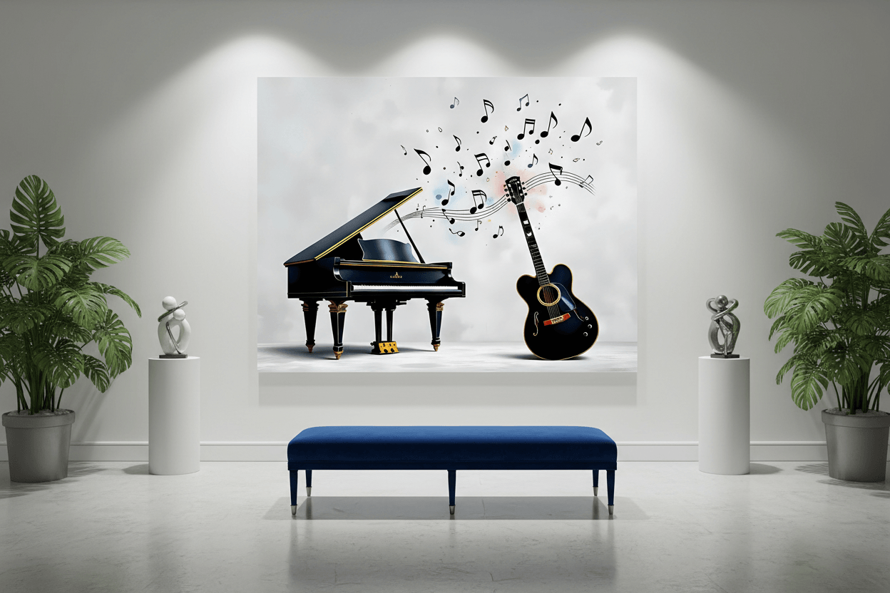 Framed musical wall art with black piano and dark acoustic guitar above scattered musical notes