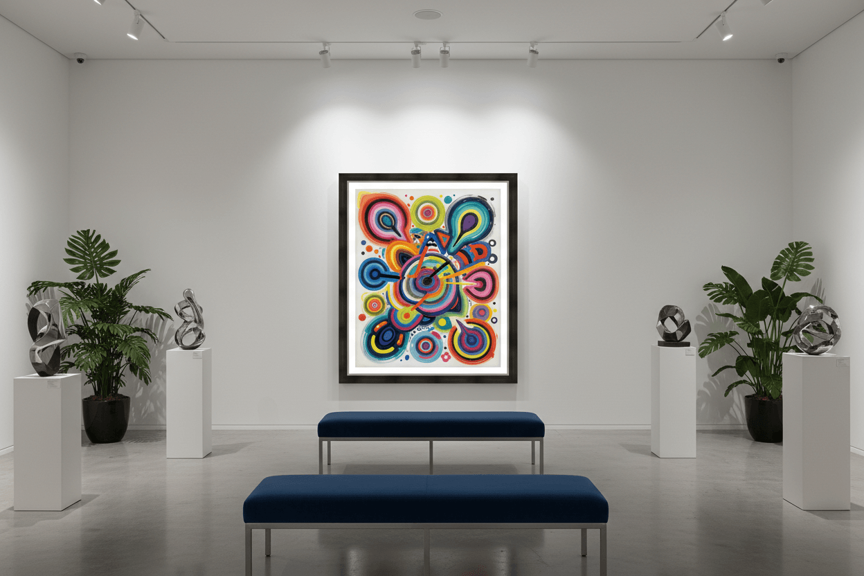 Framed abstract wall art with colorful circular swirl patterns, multicolor