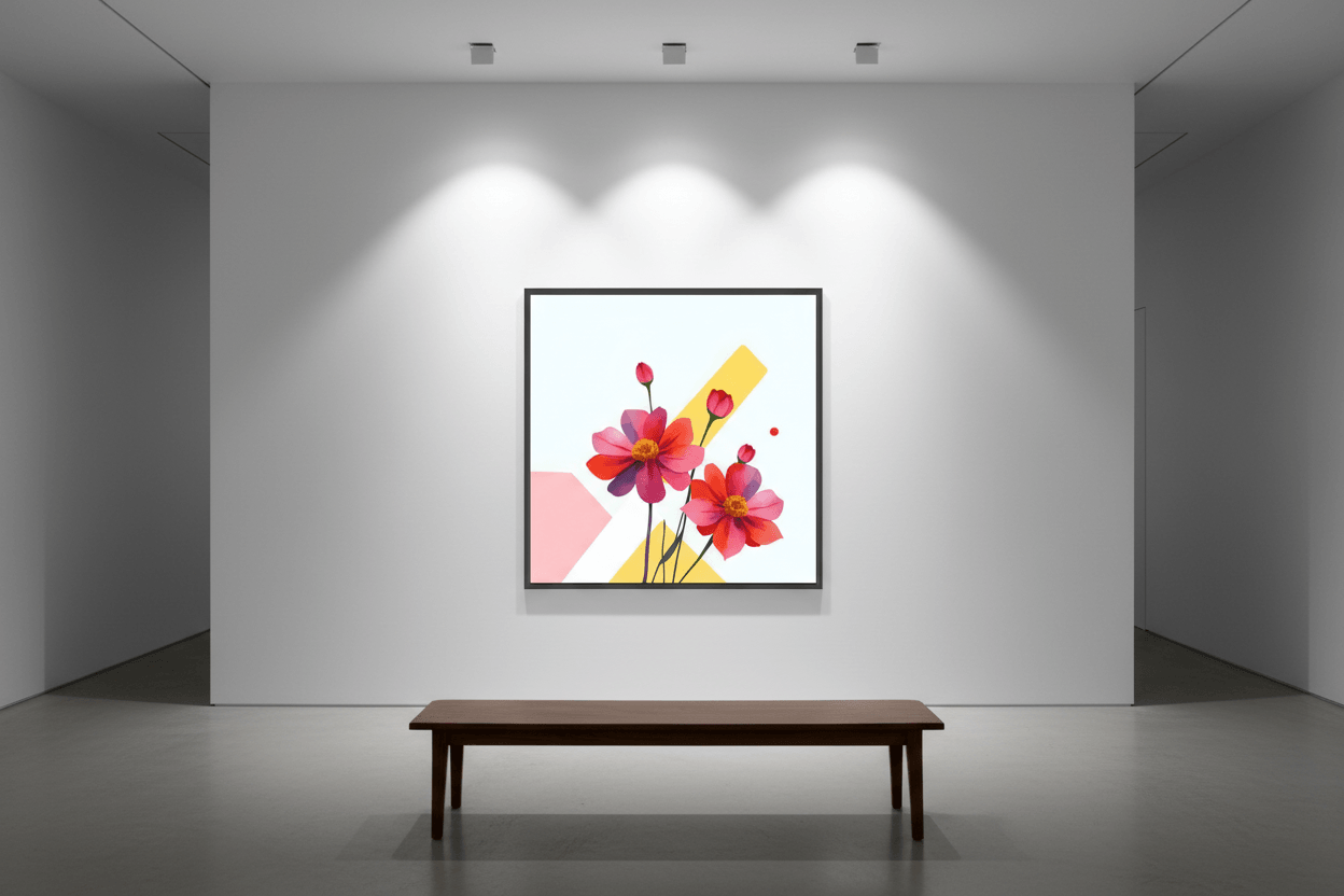 Black-framed floral wall art centered on a wall, pink and red flowers with yellow shapes