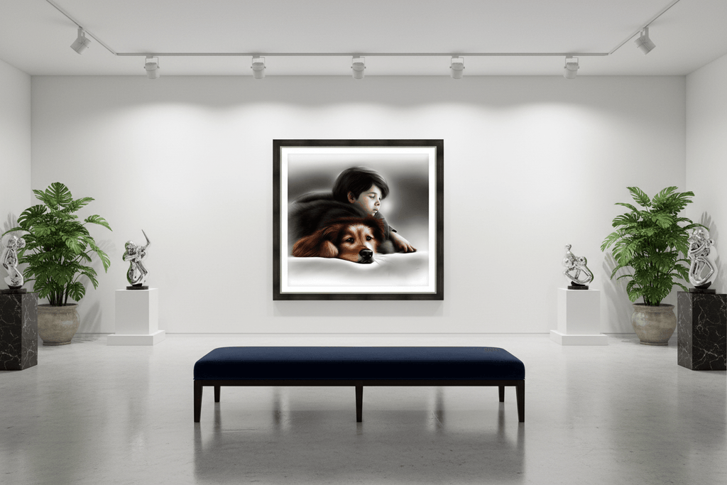 Framed wall art featuring a child holding a brown-and-black dog, soft gray wash