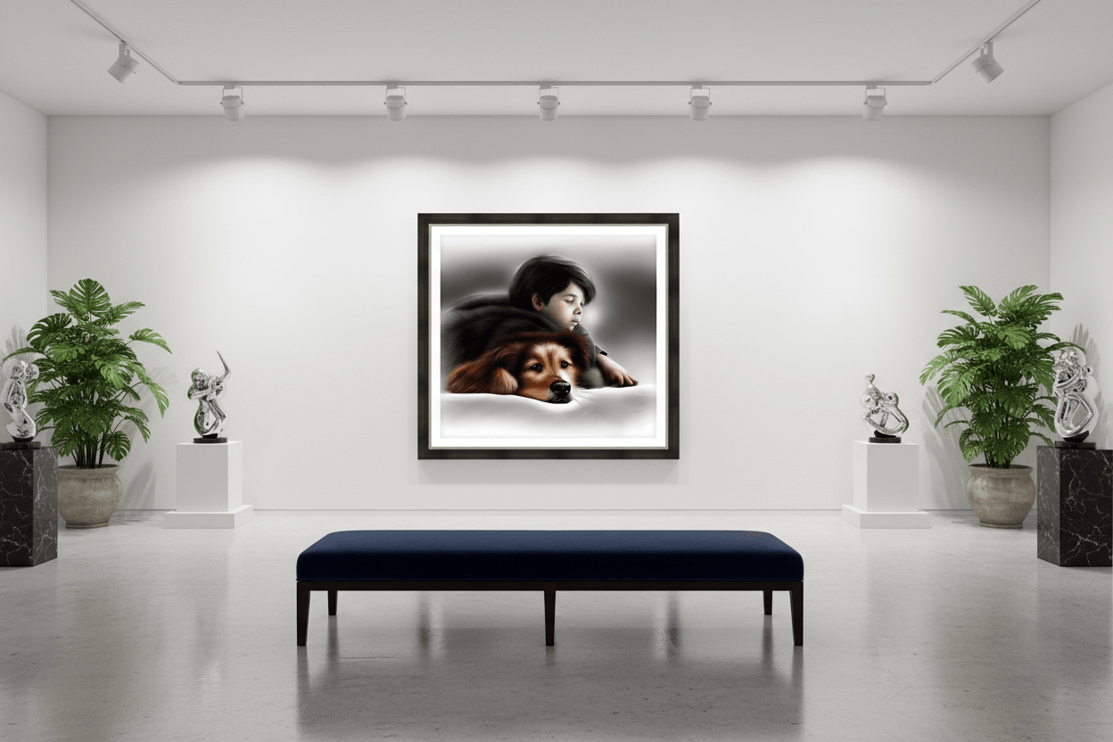 Framed wall art featuring a child holding a brown-and-black dog, soft gray wash