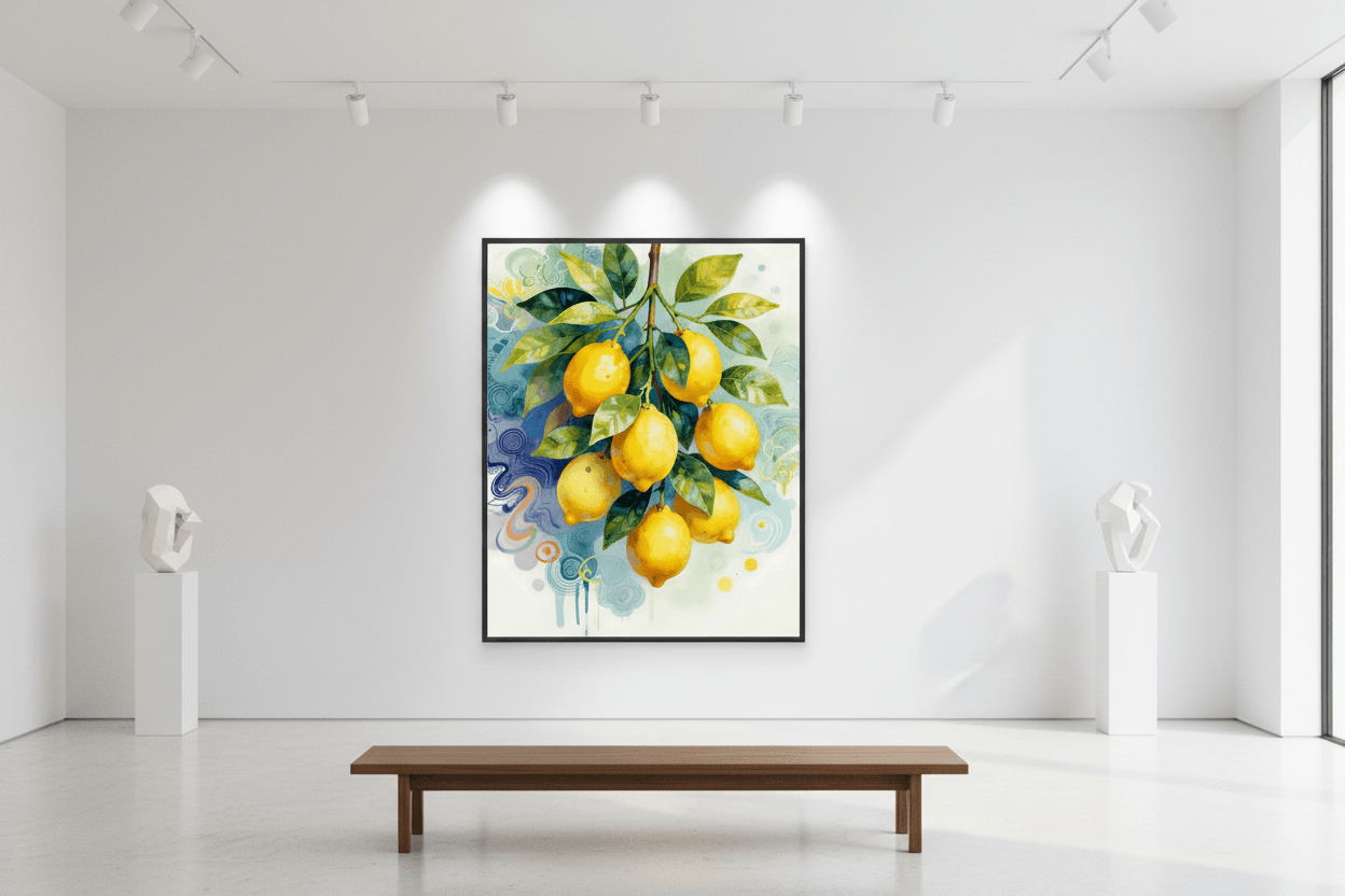 Lemon branch wall art with yellow lemons and green leaves in a black-framed square print