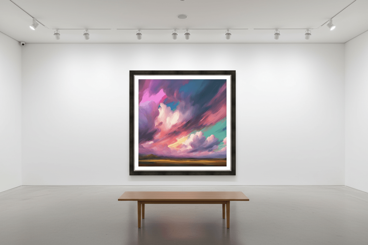 Dramatic clouds framed wall art featuring colorful sky clouds and golden horizon