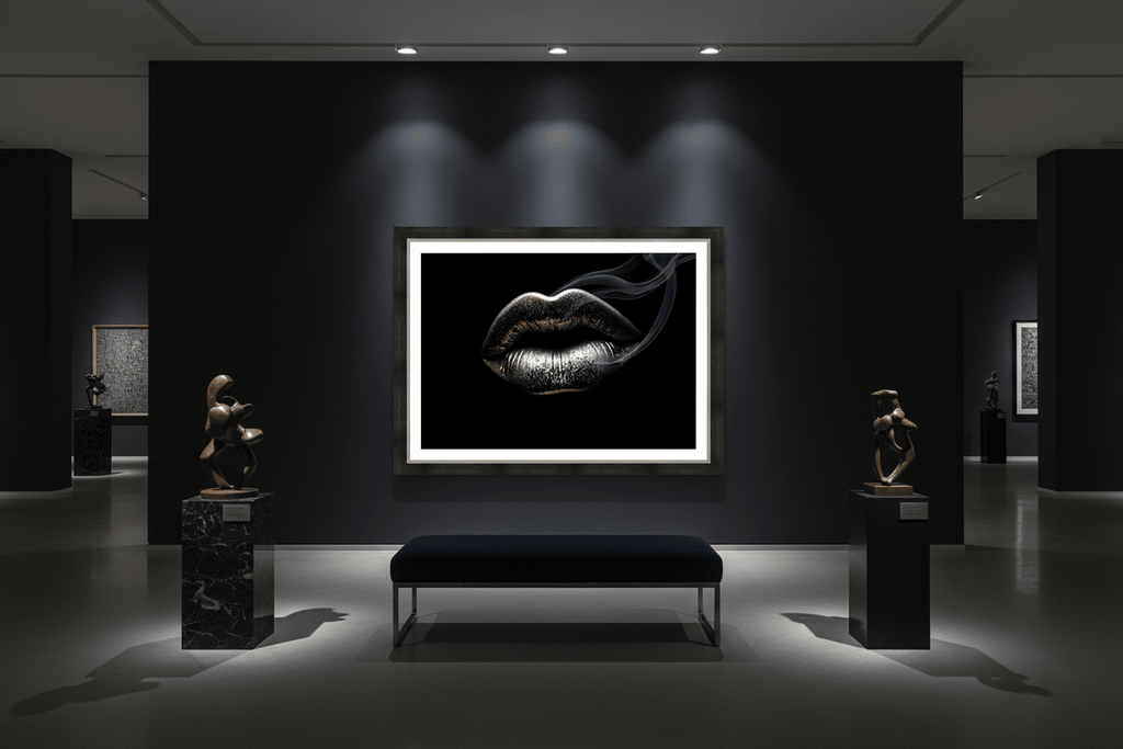 Large framed metallic silver lips artwork with smoke curl, bold contrast