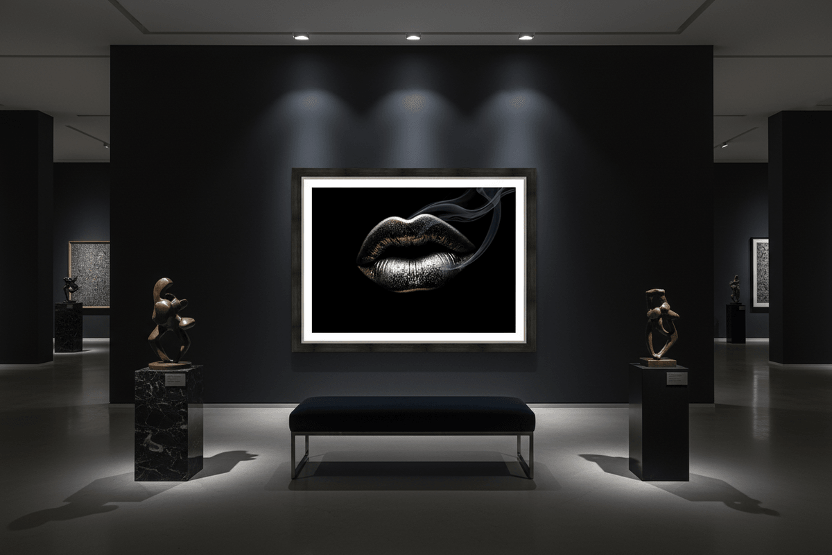 Large framed metallic silver lips artwork with smoke curl, bold contrast
