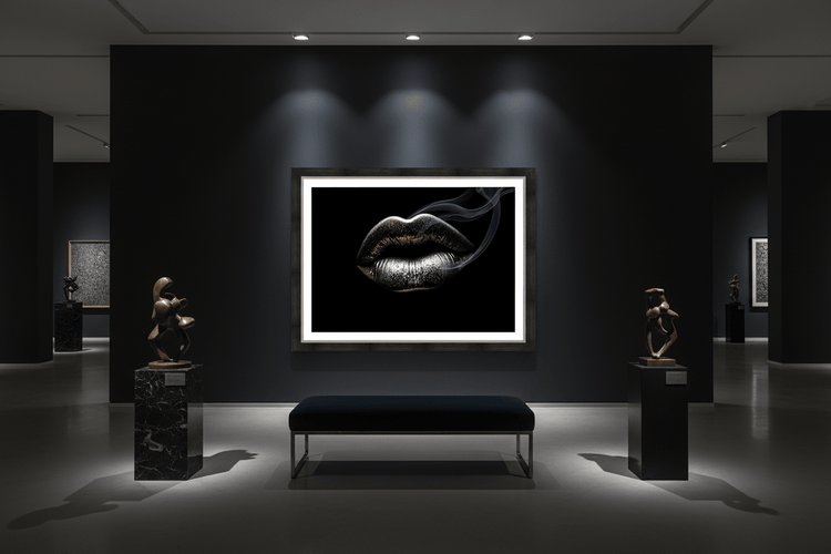Large framed metallic silver lips artwork with smoke curl, bold contrast