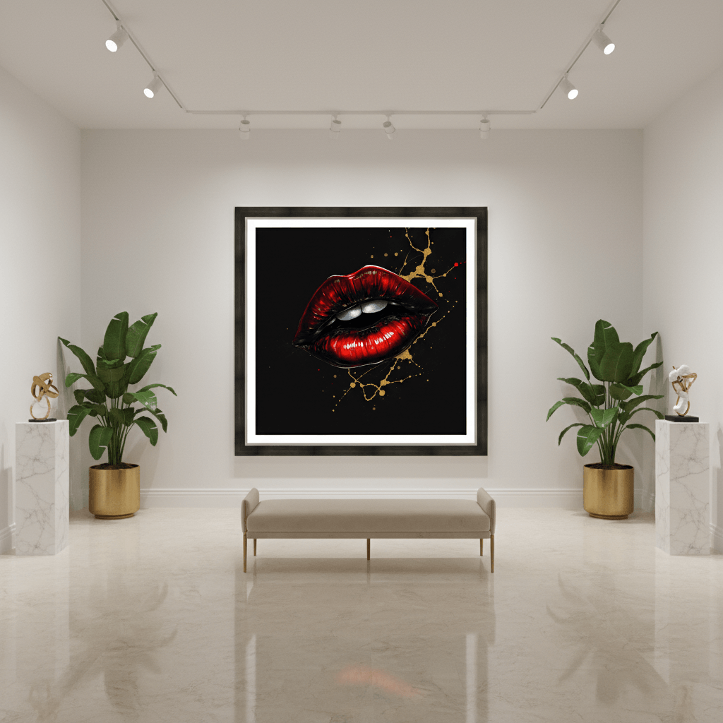 Framed red and gold lips artwork with black background and gold bead-like accents