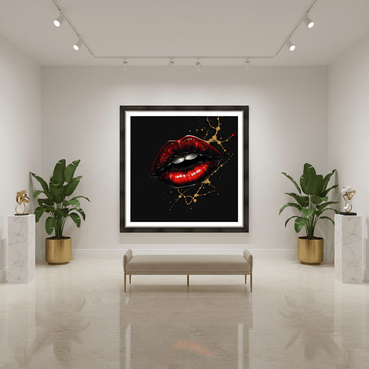 Framed red and gold lips artwork with black background and gold bead-like accents