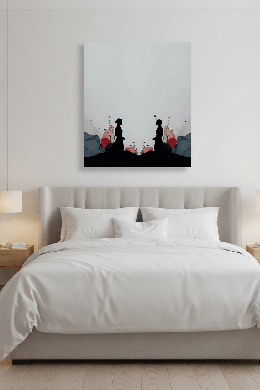 Minimalist wall art above bed with dark silhouettes and red flower accents
