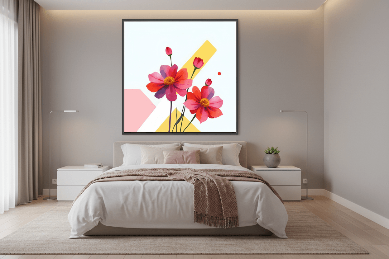 Black-framed floral wall art above a bed, pink and red blossoms with yellow accents