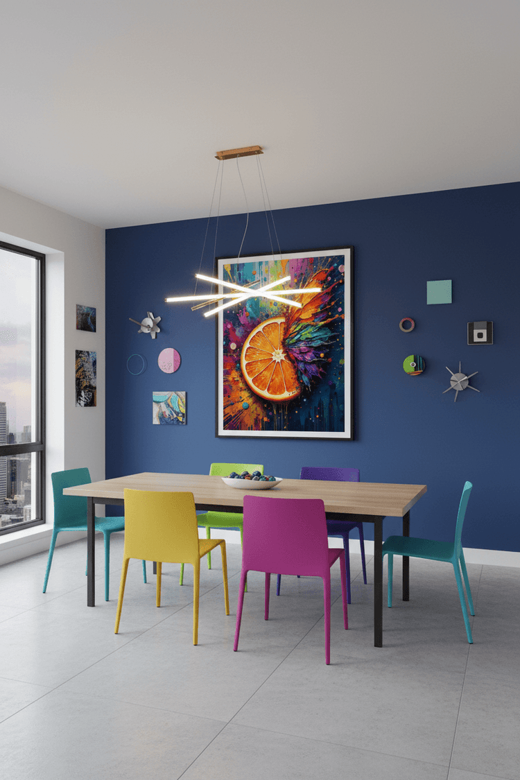 Framed abstract wall print with glowing orange slice, rainbow butterfly, and paint splashes