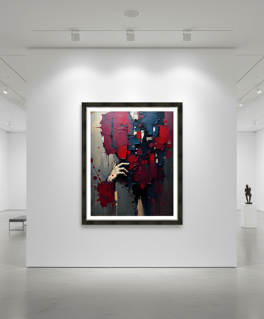 Framed abstract hand print with red and blue textured paint layers and drips