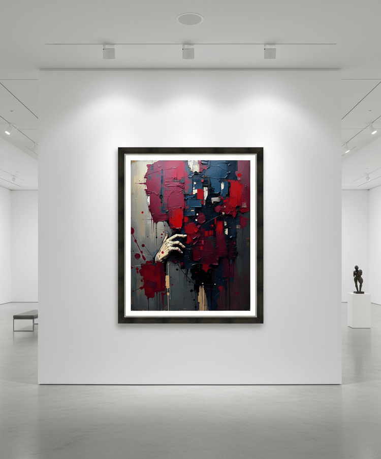 Framed abstract hand print with red and blue textured paint layers and drips
