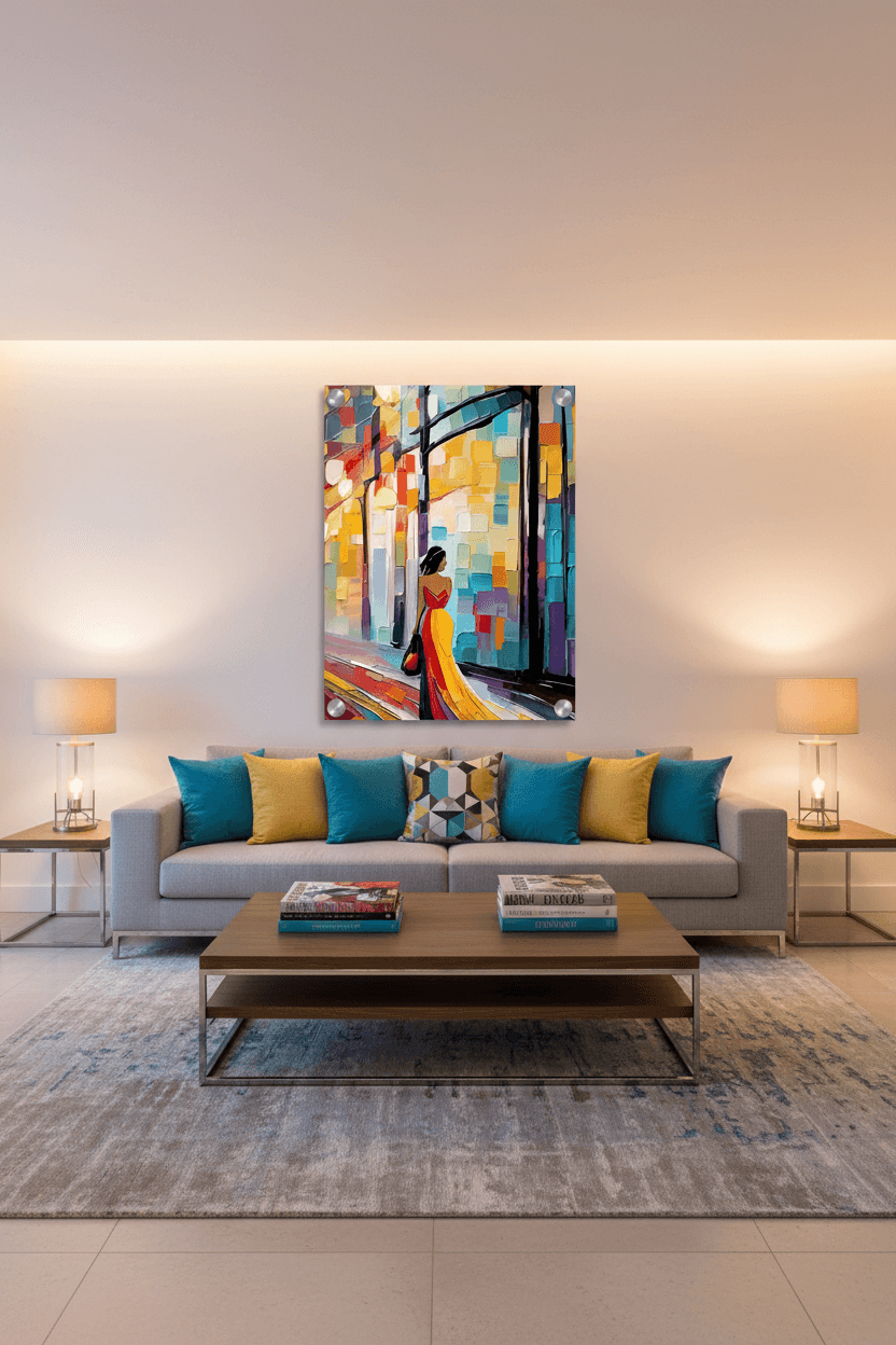 Colorful framed city figurative wall art showing a woman in red and yellow dress walking