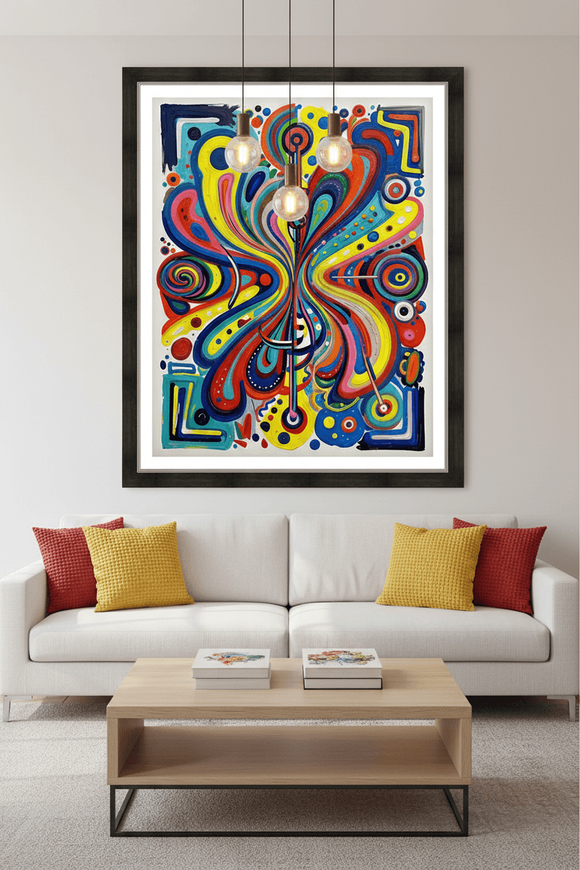 Framed colorful abstract art print with swirling lines, dots, and circles radiating from center
