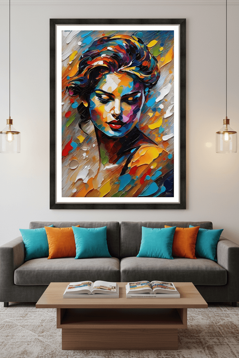 Framed abstract portrait print with colorful face and swirling paint texture