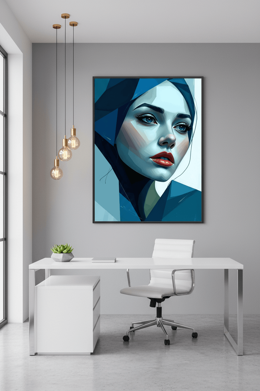 Framed geometric blue portrait wall art with dark frame, close-up woman face