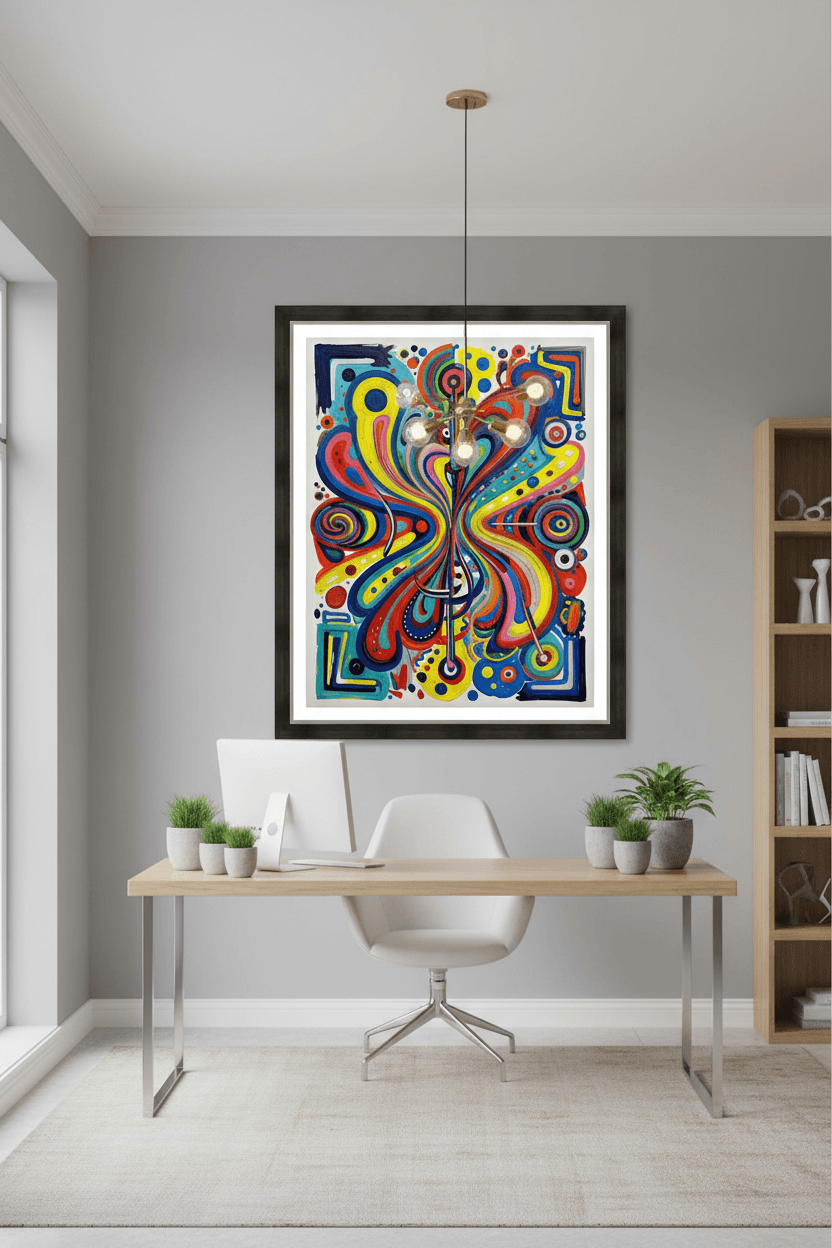 Framed colorful abstract art print featuring swirling lines and dots forming a central burst