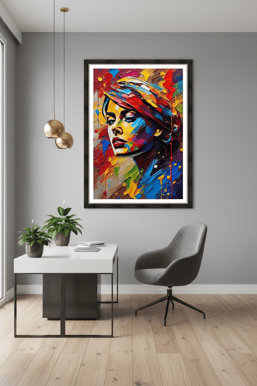 Framed abstract portrait wall art featuring a colorful woman face with expressive paint strokes