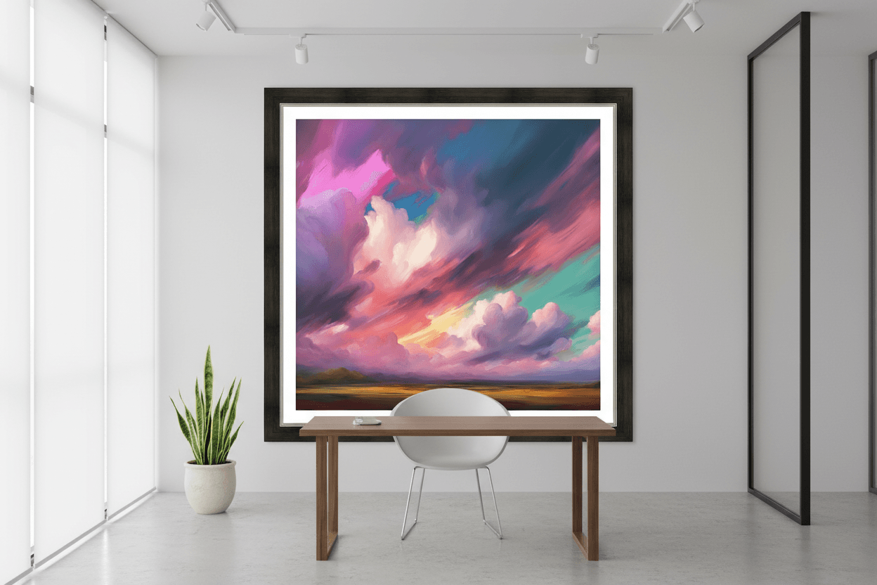 Dramatic clouds framed wall art with colorful billowing clouds and sunrise glow