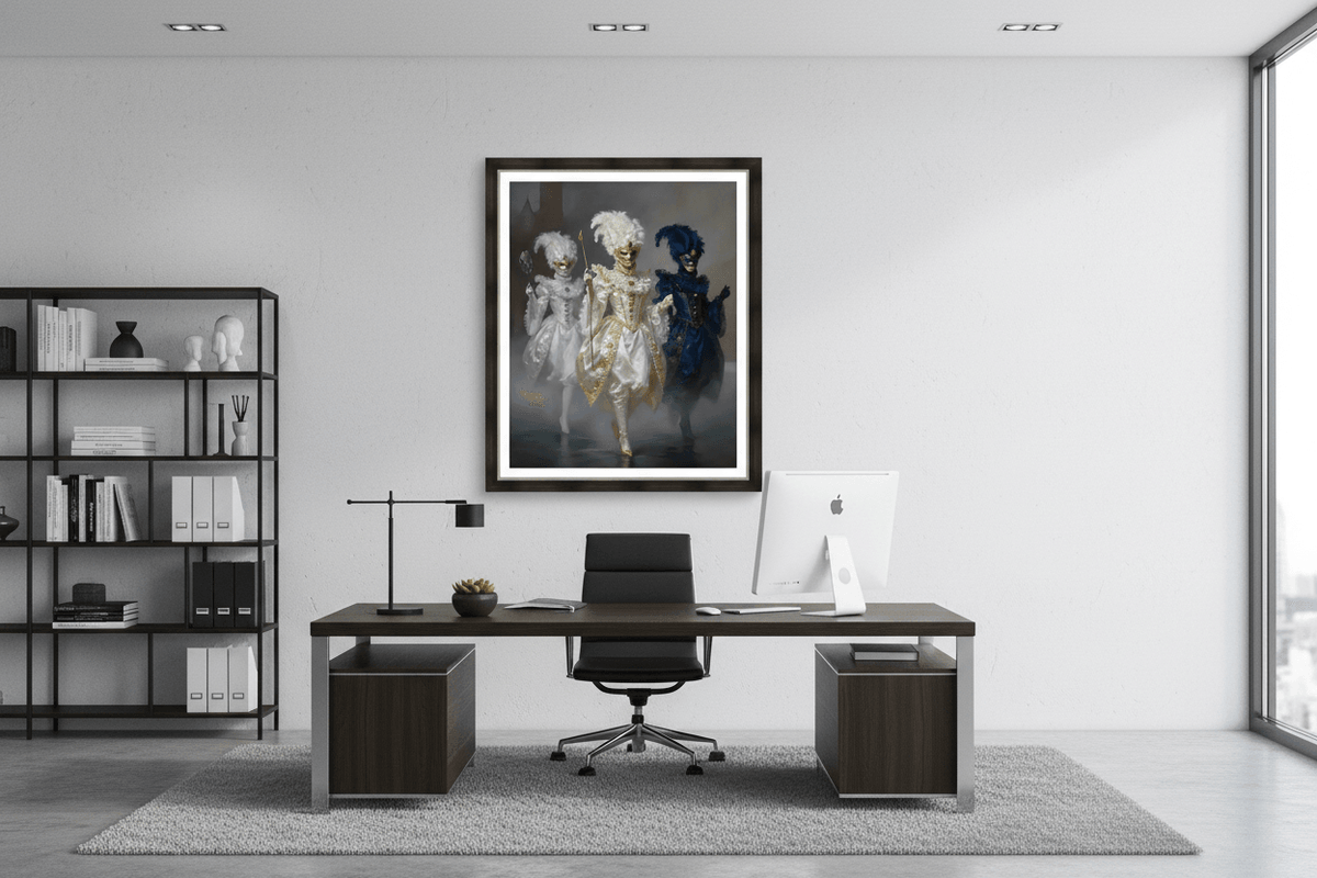 Framed masquerade trio artwork showing three masked dancers in white, gold, and blue