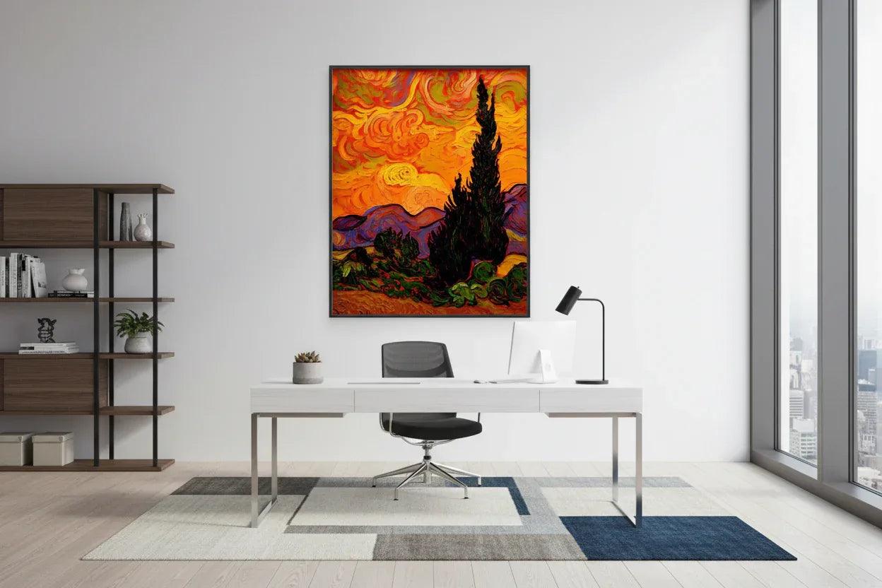 Framed landscape painting with tall dark pine trees and swirling orange clouds