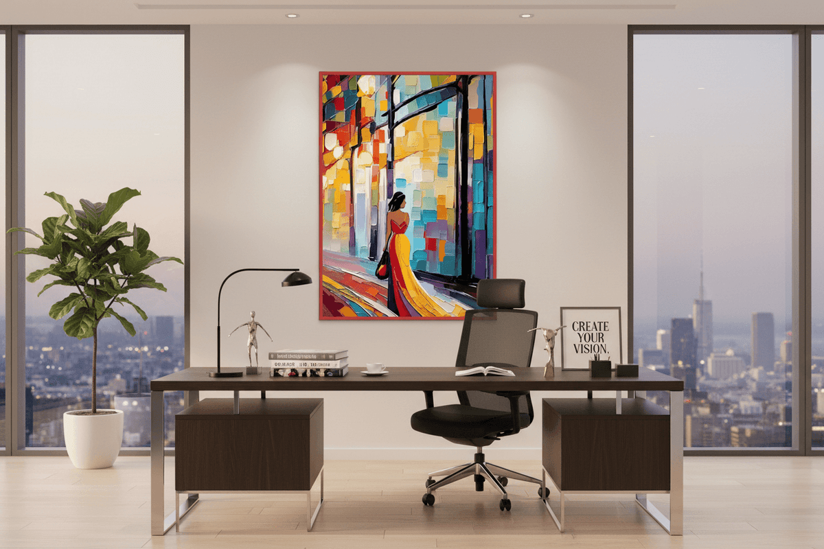 Fine art print with red frame: colorful city street scene with woman in yellow dress