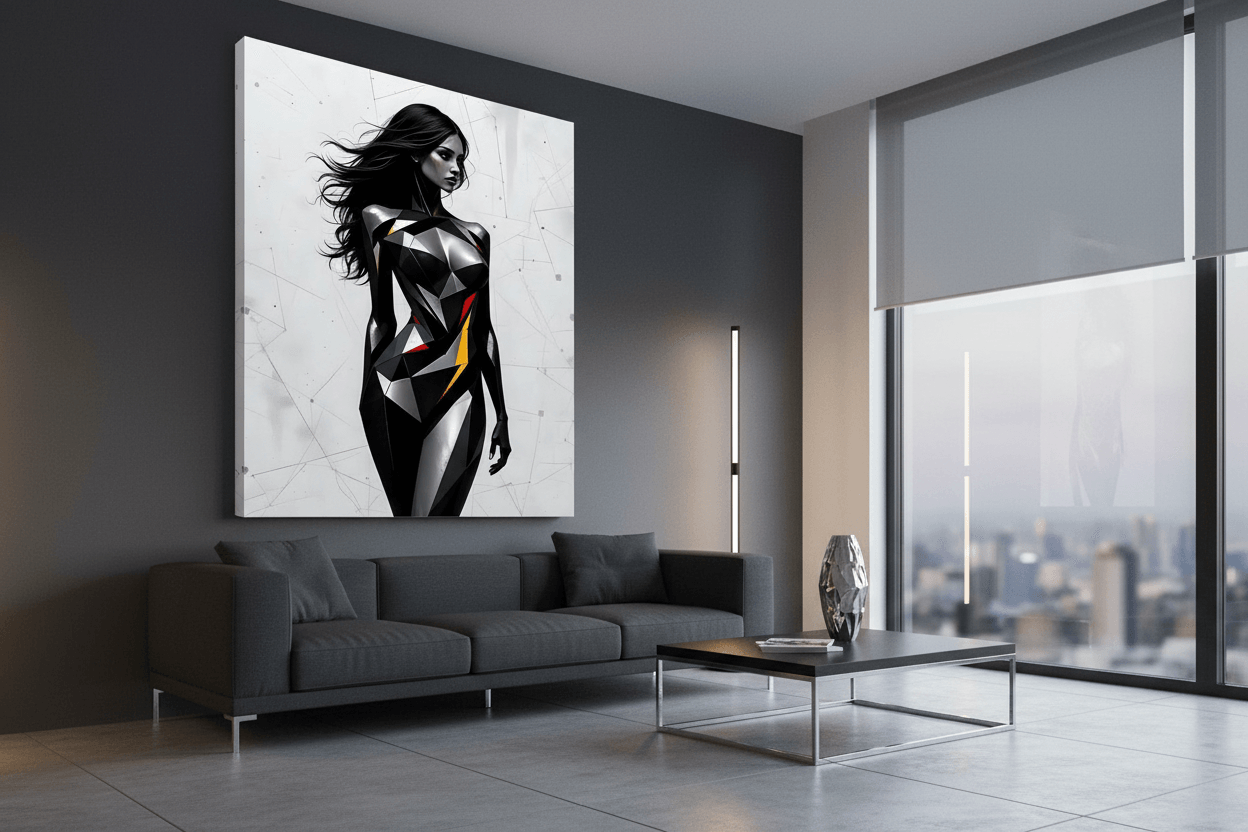 Geometric portrait wall art with black woman silhouette and steel shapes