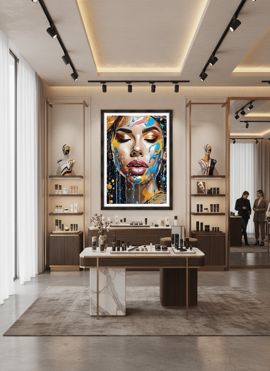 Framed abstract face portrait wall art centered above a display table, colorful drips