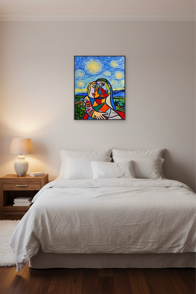 Framed square wall art with colorful stylized face and blue circular night sky