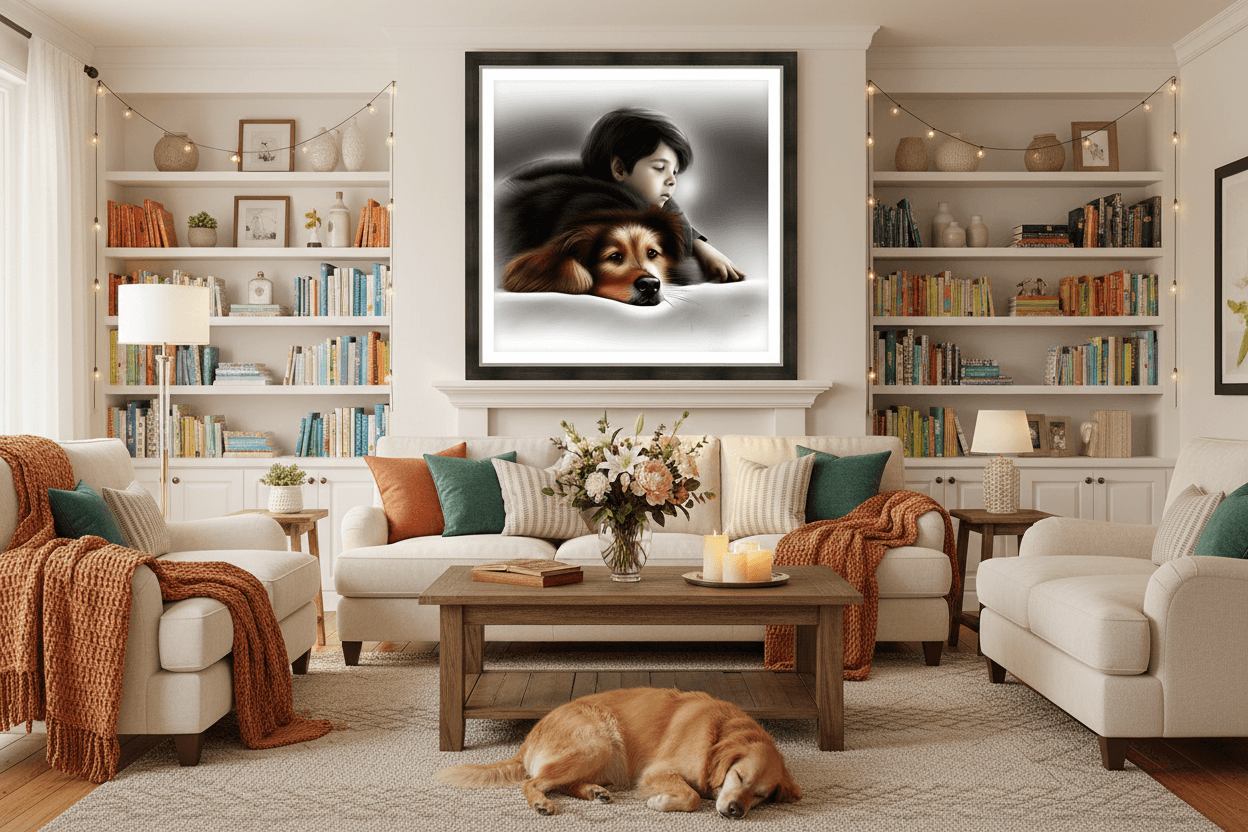 Framed wall art showing child resting on brown-and-black dog, gray-toned scene