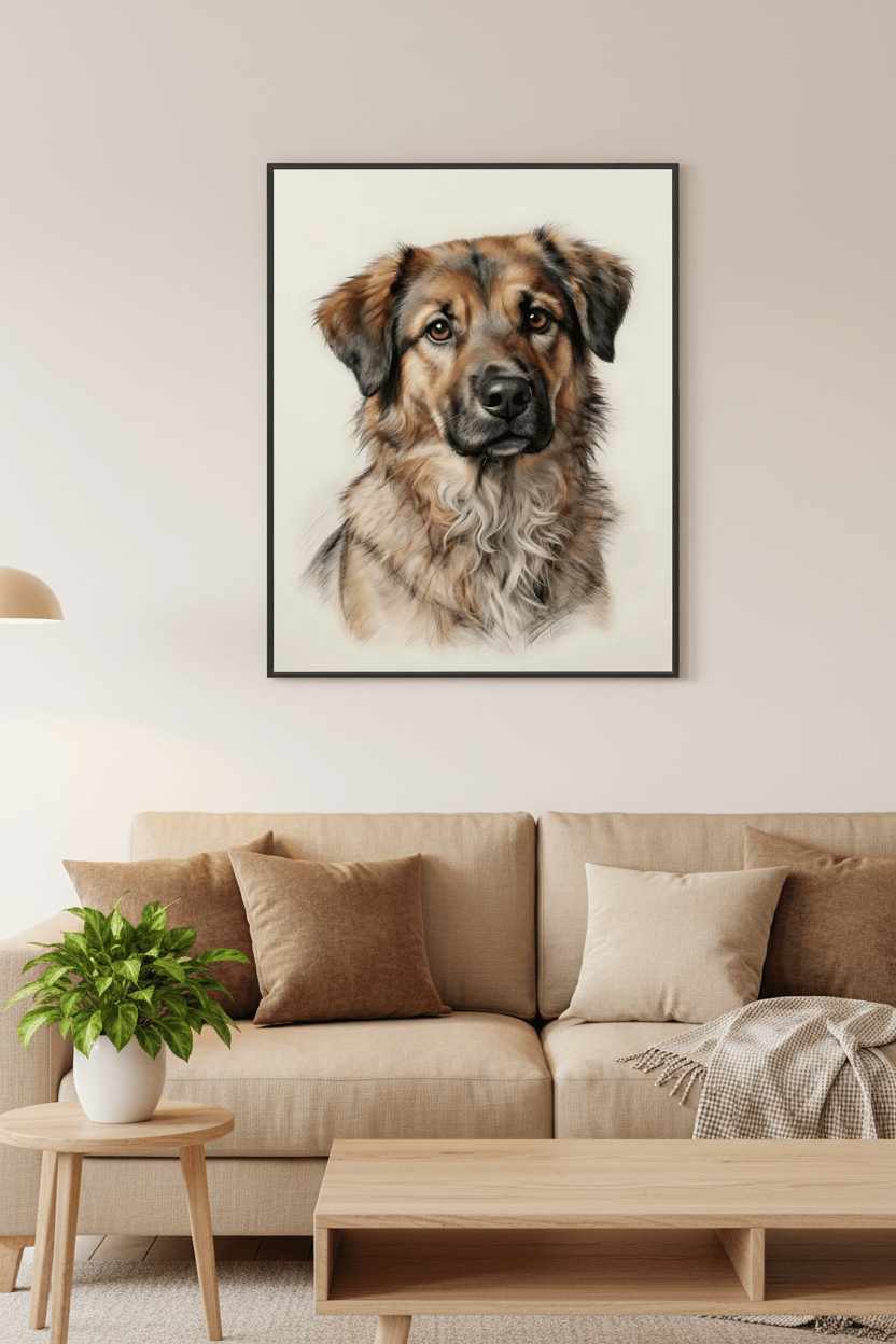Framed dog portrait print with fluffy tan-and-gray dog face, black frame.
