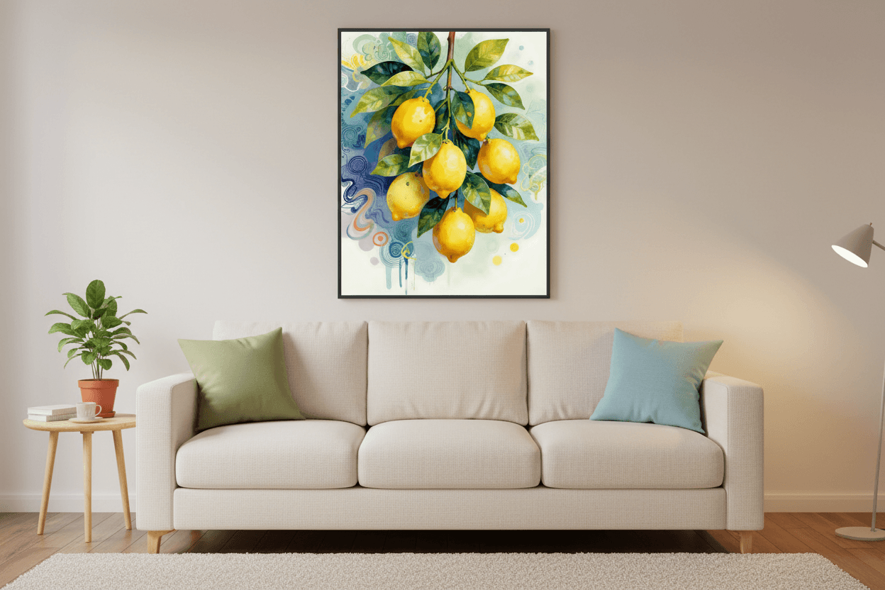 Lemon branch wall art with yellow lemons and green leaves in a black-framed square print
