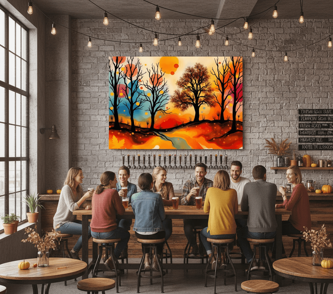 Abstract autumn landscape canvas on wall with dark trees, warm sunset colors, and glowing light