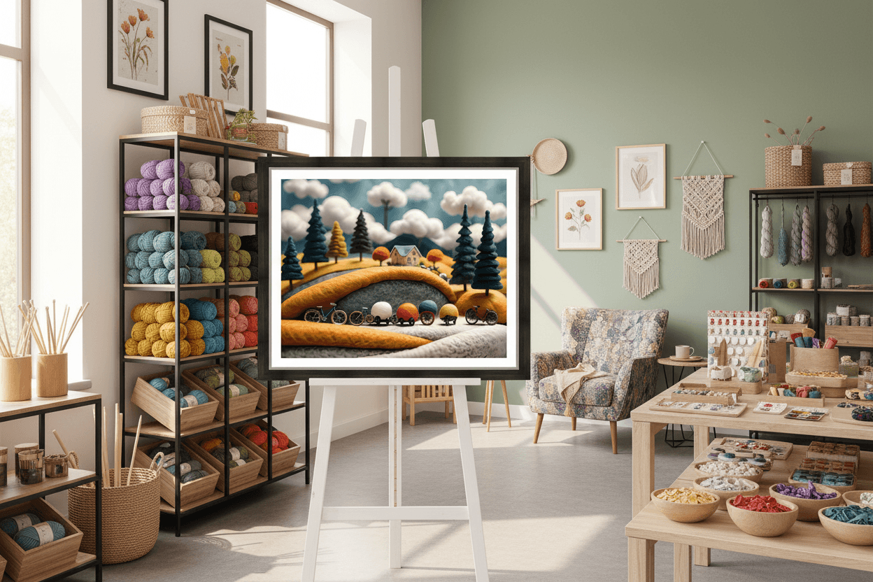 Framed bicycle scene wall art with orange hill tunnel, small bikes, trees, and clouds