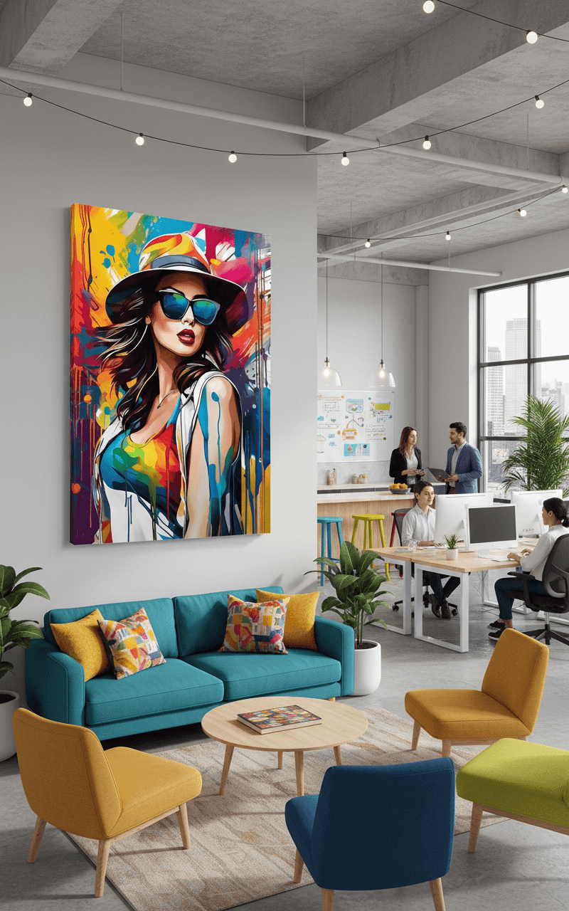 Framed pop-art portrait print of woman in hat and blue sunglasses with paint splashes