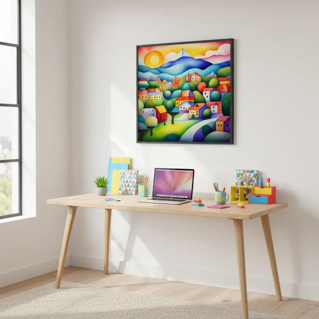 Framed geometric landscape wall art with colorful houses, hills, and mountains in blue, green, and orange