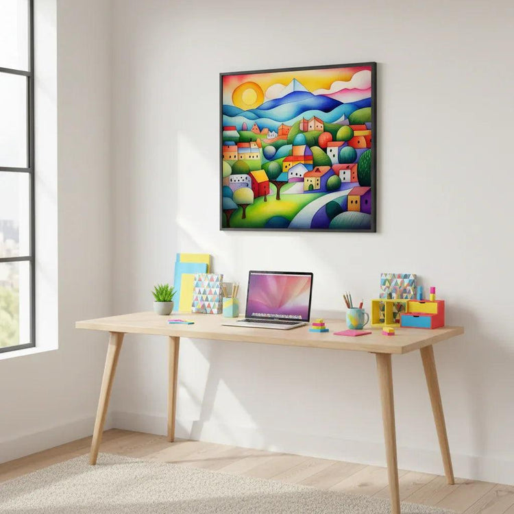 Framed geometric landscape wall art with colorful houses, hills, and mountains in blue, green, and orange
