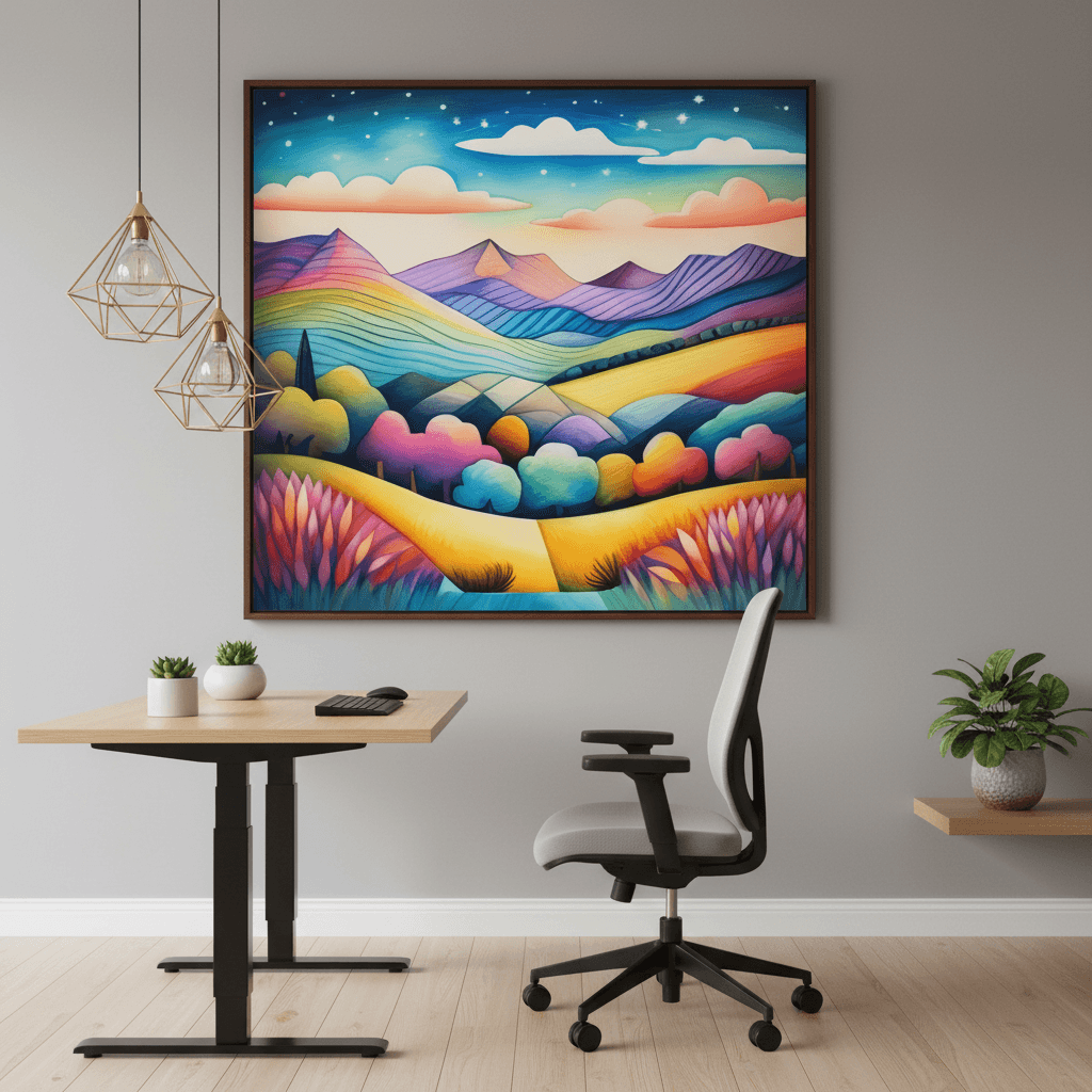 Framed psychedelic rainbow landscape wall art with rainbow valley and magenta flower fields