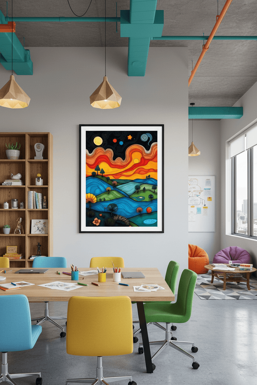 Framed abstract landscape print with black border, orange waves and blue night fields