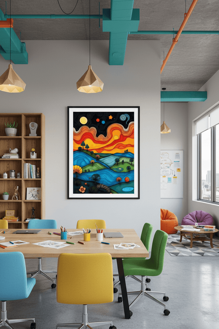 Framed abstract landscape print with black border, orange waves and blue night fields