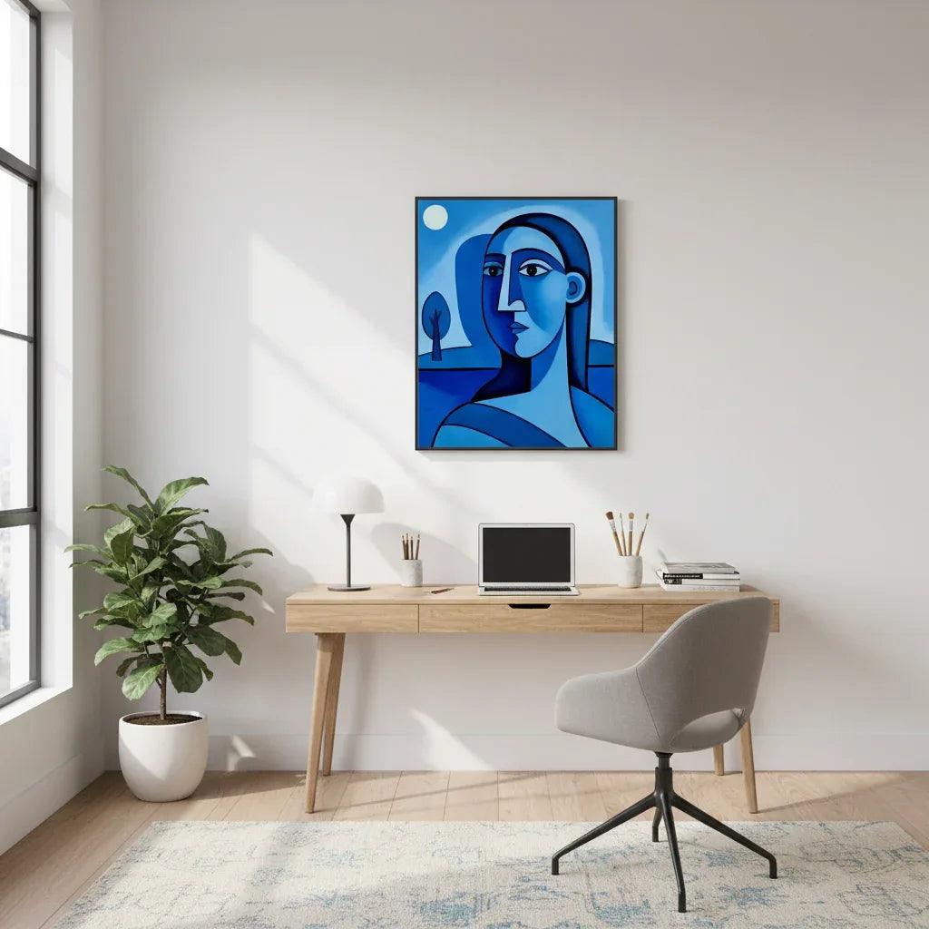 Abstract blue portrait wall art with black frame, featuring a stylized woman profile.