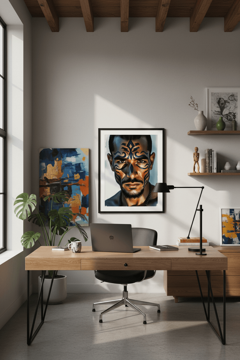 Framed tribal face portrait artwork showing a man with blue and orange stylized markings.