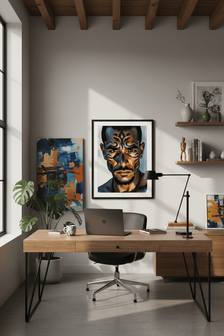 Framed tribal face portrait artwork showing a man with blue and orange stylized markings.