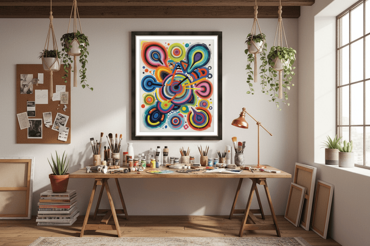 Framed abstract wall art with multicolor circular swirl patterns