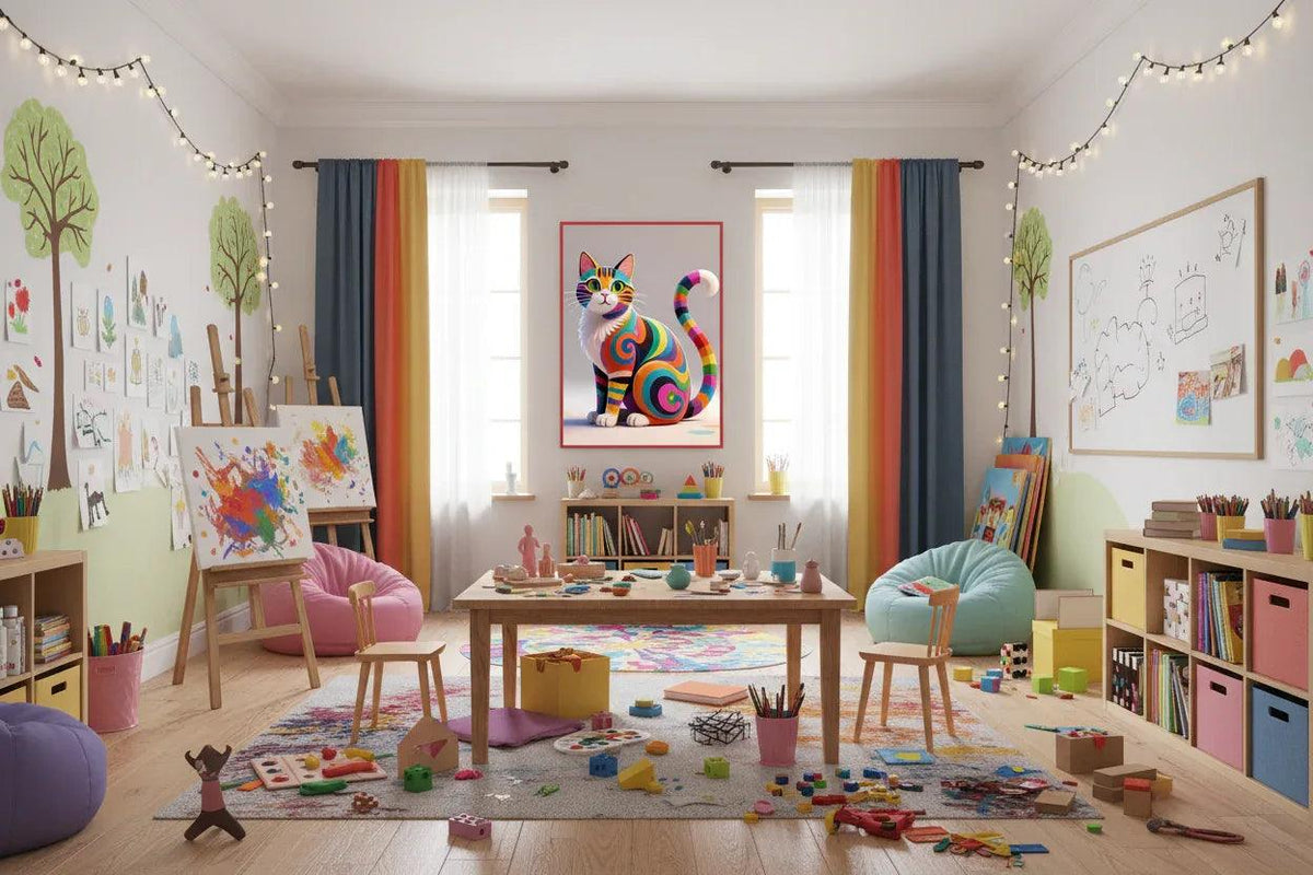 Framed cat wall art with rainbow swirl stripes and striped tail, red frame
