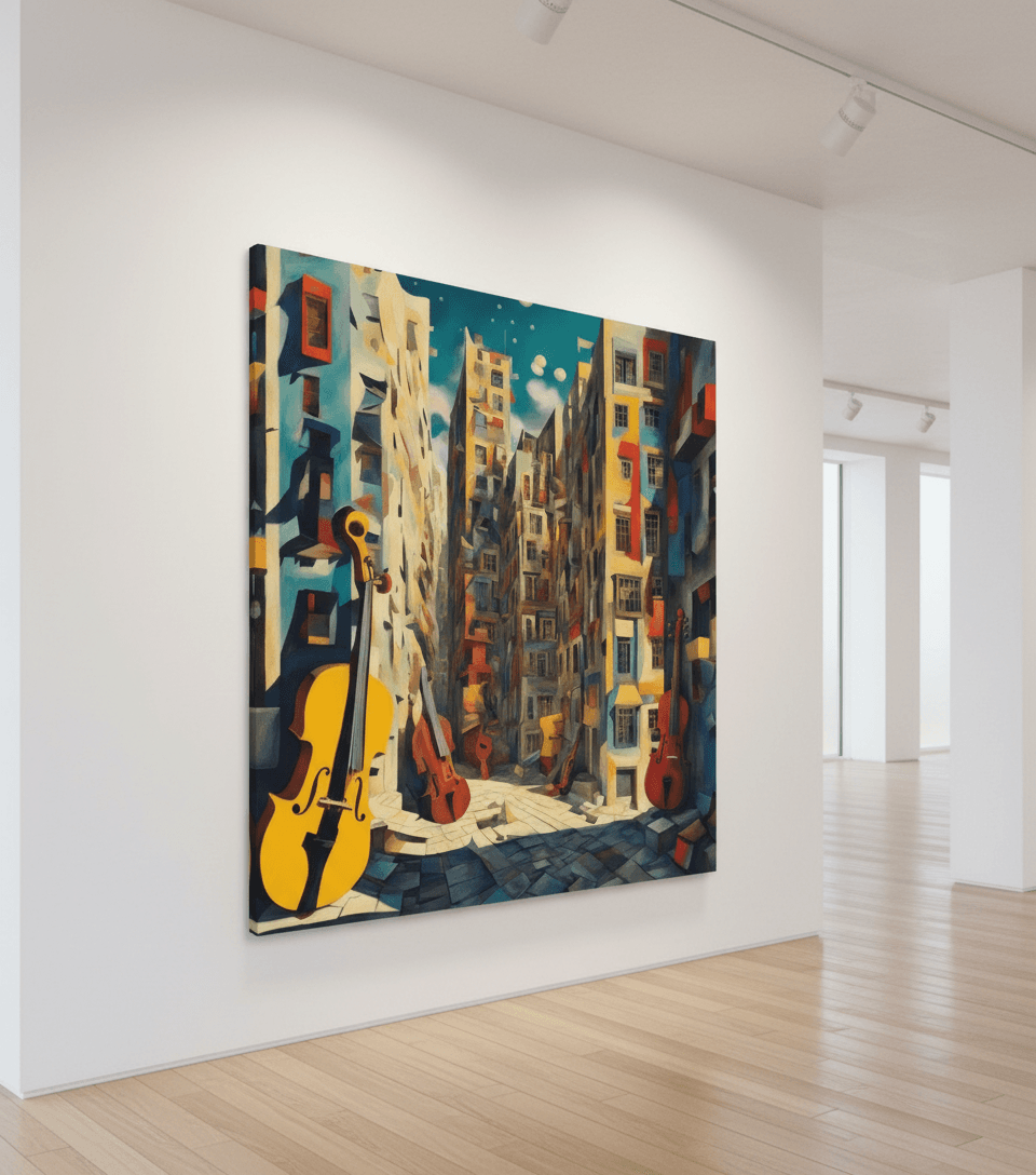 Large framed wall art of a colorful surreal city lane with yellow guitars