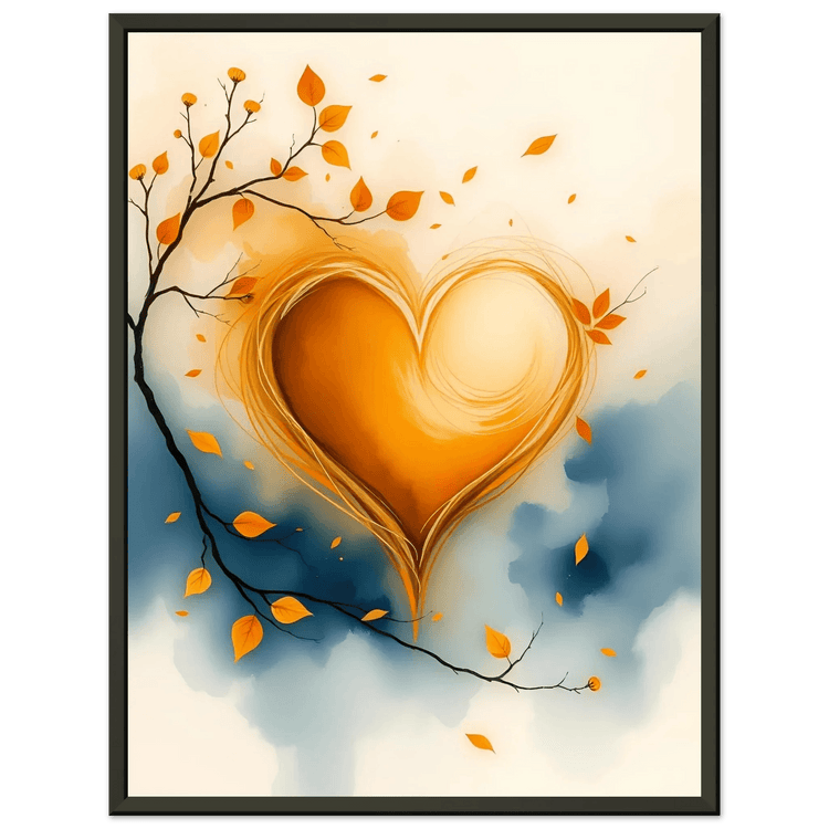 Framed wall art featuring a glowing golden heart with autumn leaves and branch