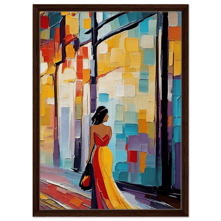 Framed canvas wall art with dark wood frame; woman in red-and-yellow dress in city scene